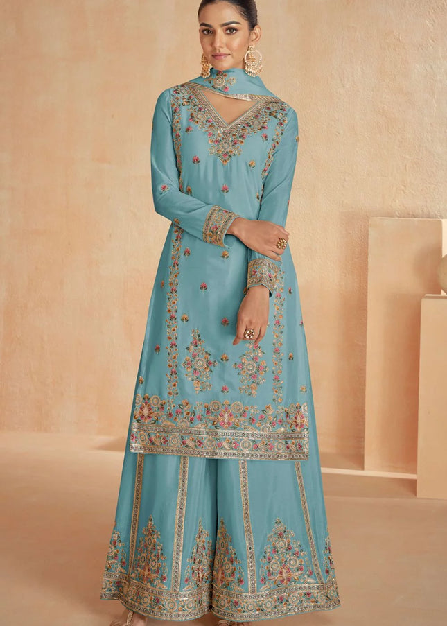 Sky Blue Embroidered Sharara Suit