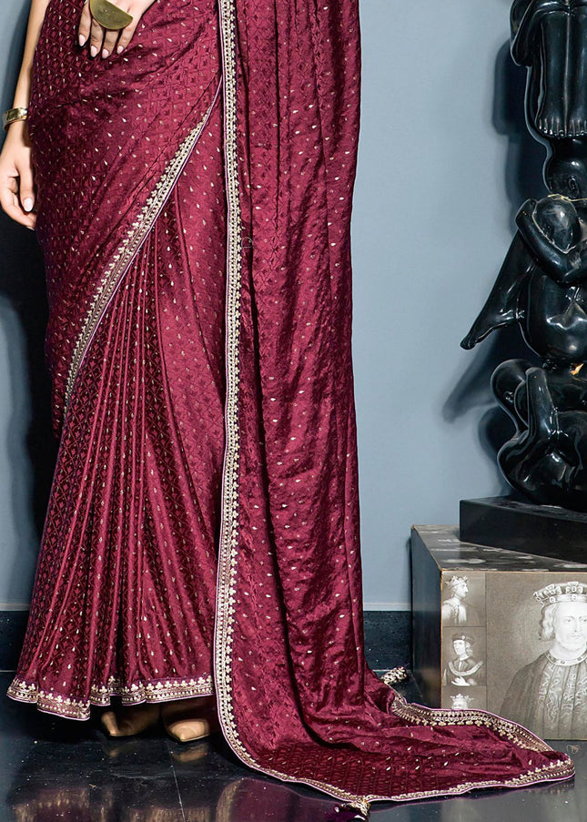 Maroon and Pink Embroidered Satin Festive Saree