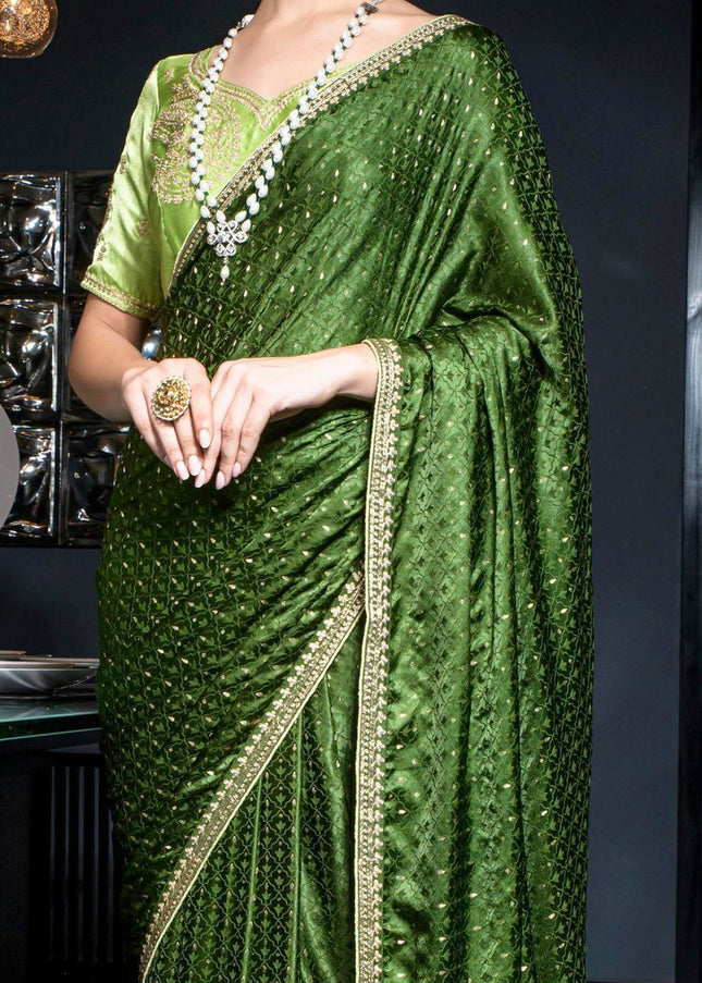 Green Embroidered Satin Festive Saree