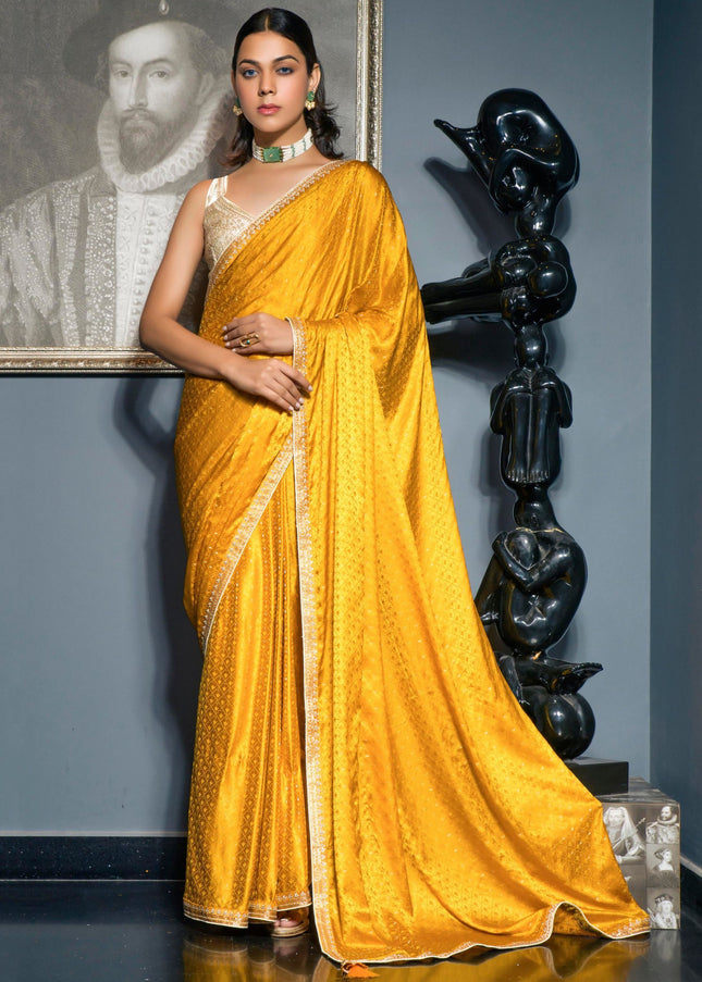 Yellow and White Embroidered Satin Festive Saree