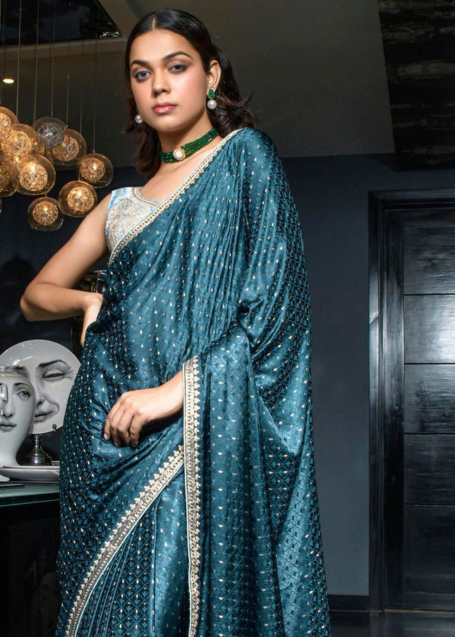 Alluring Blue Embroidered Satin Festive Saree