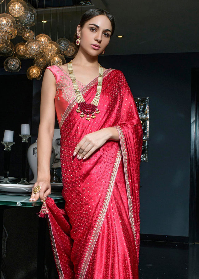 Red Embroidered Satin Festive Saree