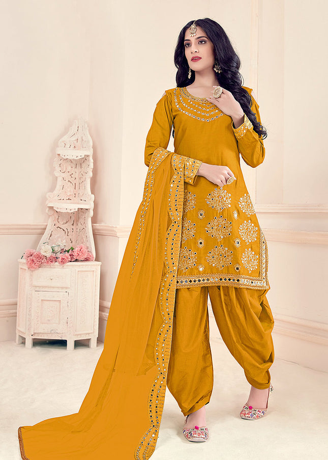 Yellow and Gold Embroidered Punjabi Suit