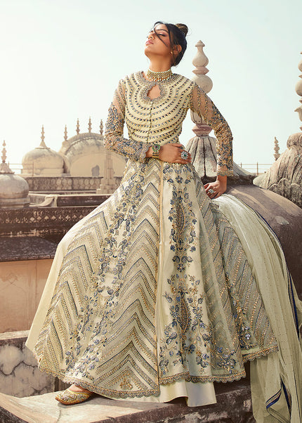 Light Grey and Gold Embroidered Lehenga Anarkali