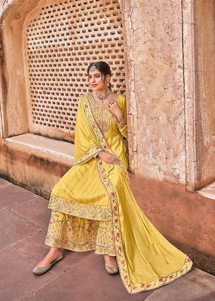 Yellow Floral Embroidered Sharara Suit