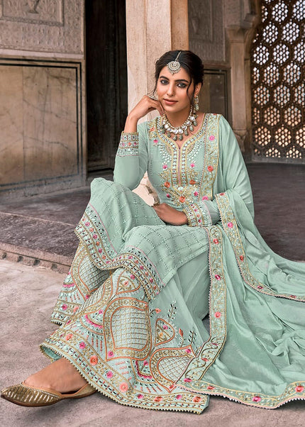 Light Mint Embroidered Sharara Suit