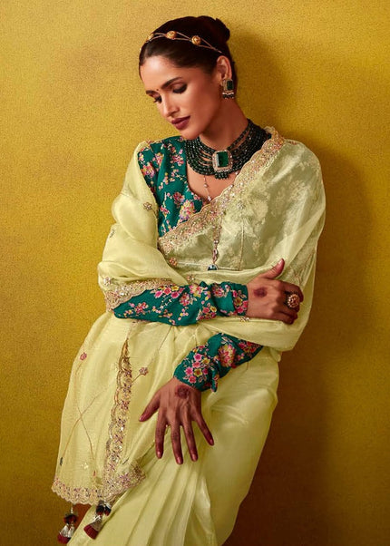 Yellow and Teal Embroidered Festive Saree