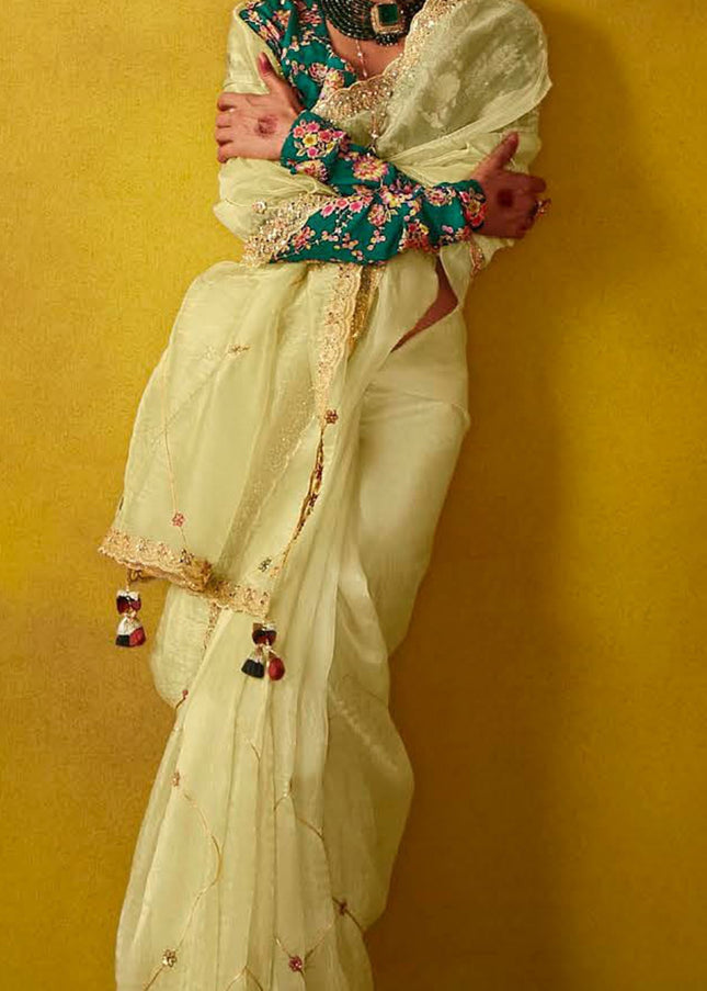 Yellow and Teal Embroidered Festive Saree