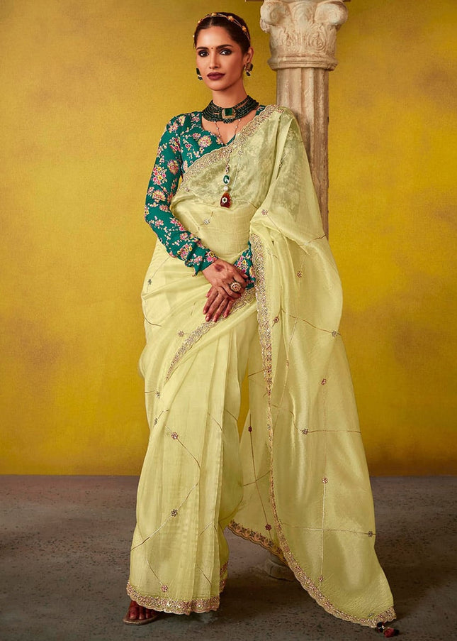 Yellow and Teal Embroidered Festive Saree