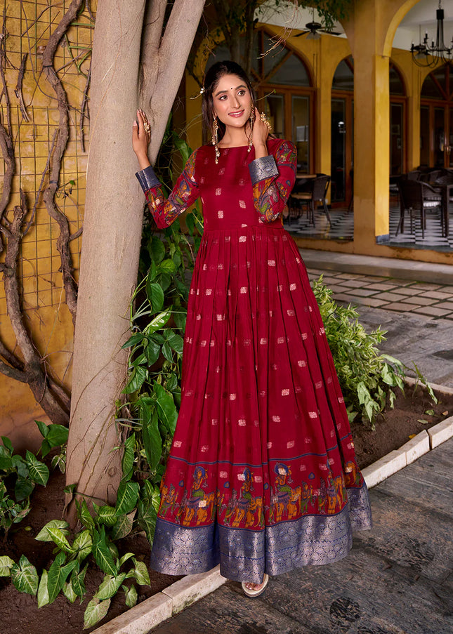 Maroon and Blue Printed and Embroidered Jacket Style Anarkali Gown