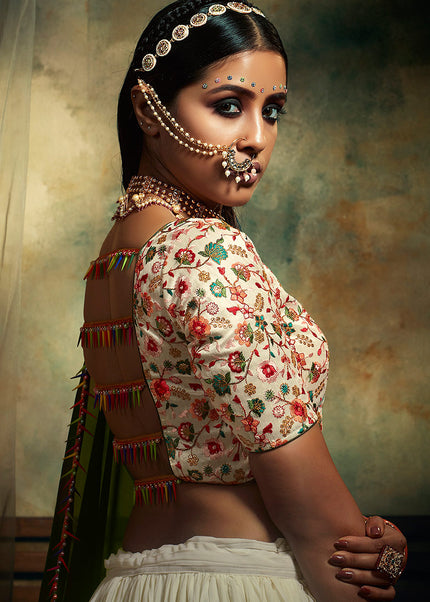 White and Green Embroidered Lehenga