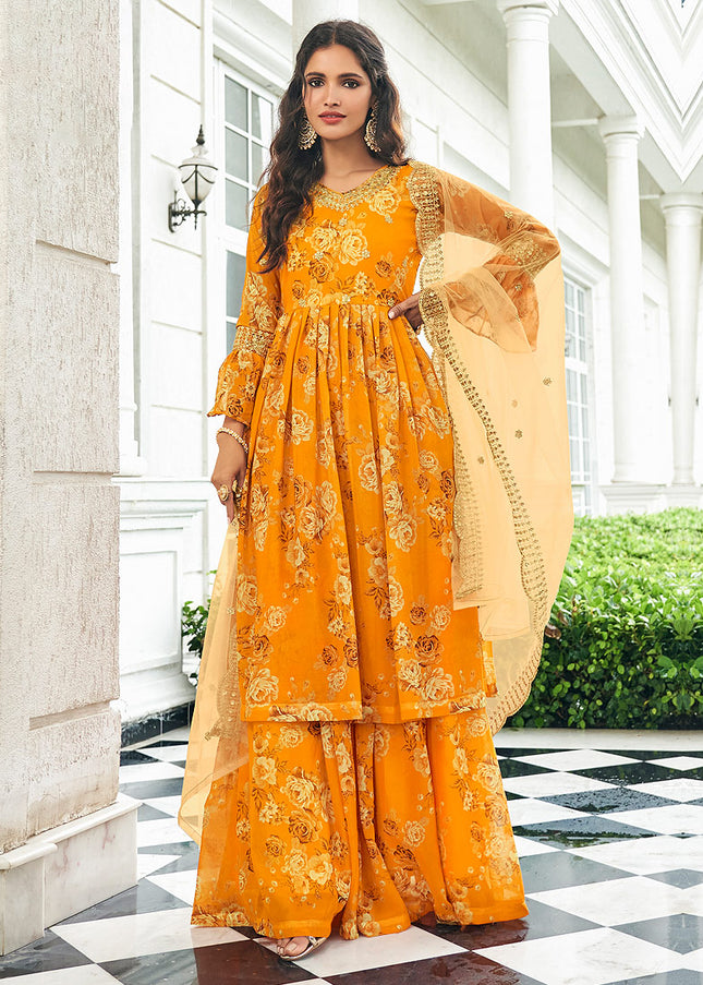 Orange and Gold Embroidered + Printed Sharara Suit
