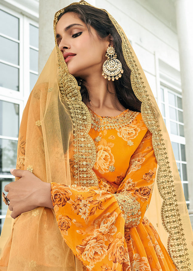 Orange and Gold Embroidered + Printed Sharara Suit
