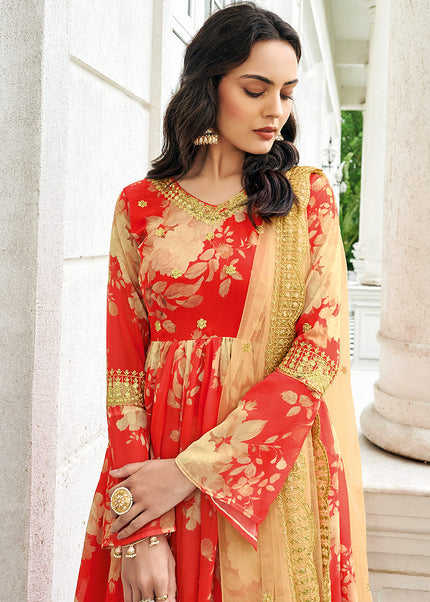 Pink and Gold Embroidered + Printed Sharara Suit