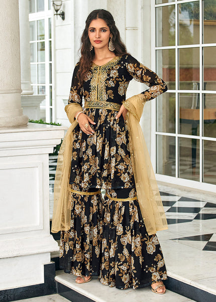 Black and Gold Embroidered + Printed Gharara Suit