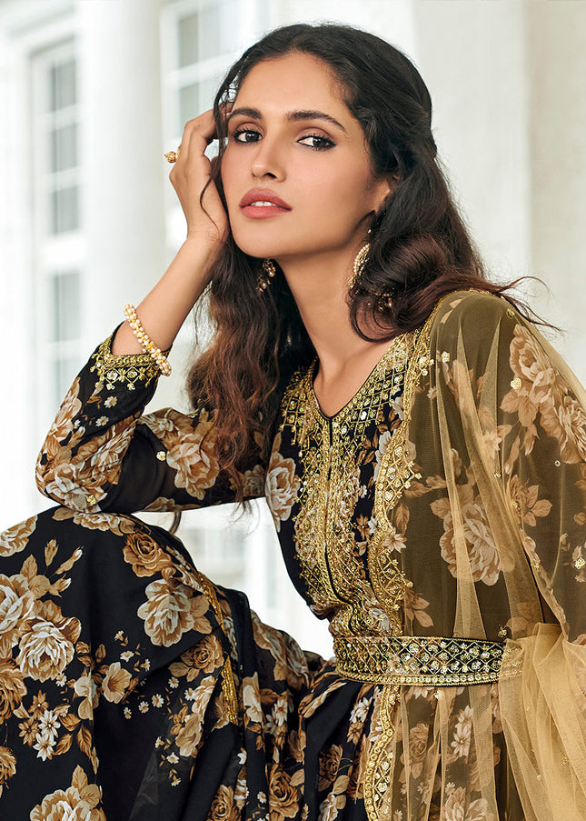 Black and Gold Embroidered + Printed Gharara Suit