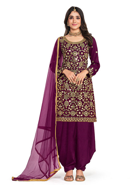 Purple and Gold Embroidered Punjabi Suit