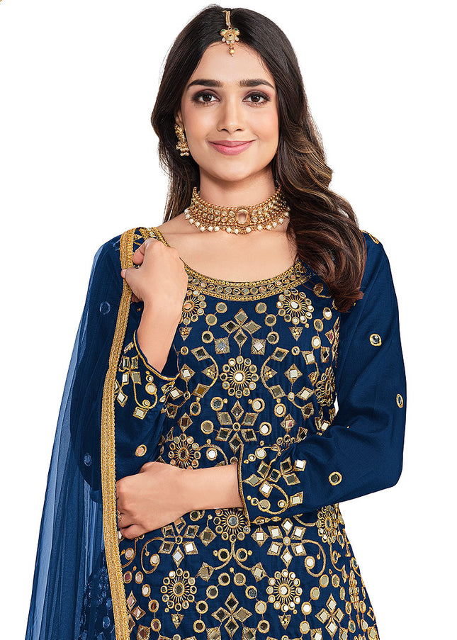 Blue and Gold Embroidered Punjabi Suit