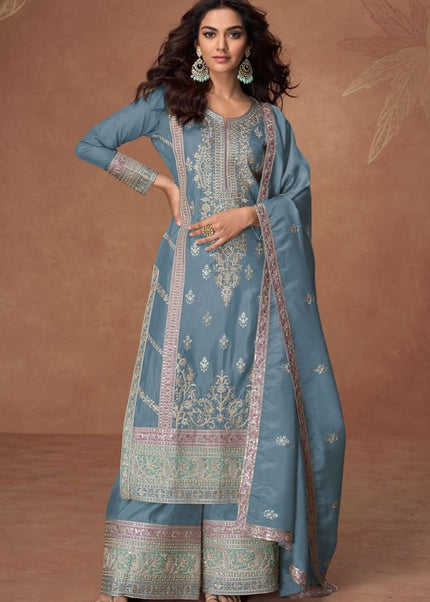 Blue Grey Embroidered Sharara Suit