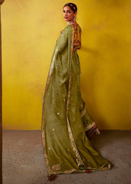 Green and Mustard Embroidered Festive Saree