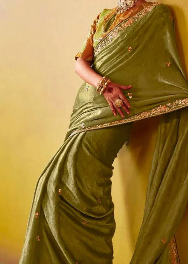 Green and Mustard Embroidered Festive Saree