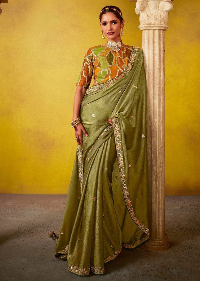 Green and Mustard Embroidered Festive Saree