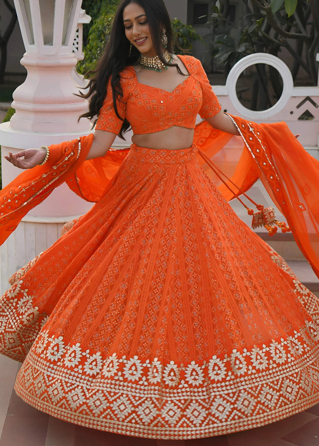 Orange Embroidered Lehenga Choli