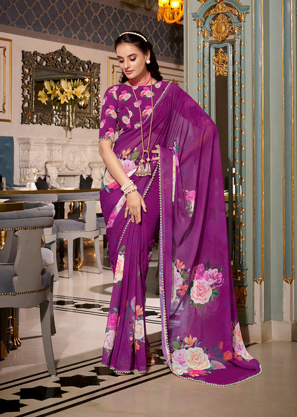 Purple Floral Printed Saree