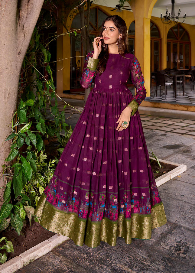 Purple and Green Printed and Embroidered Jacket Style Anarkali Gown