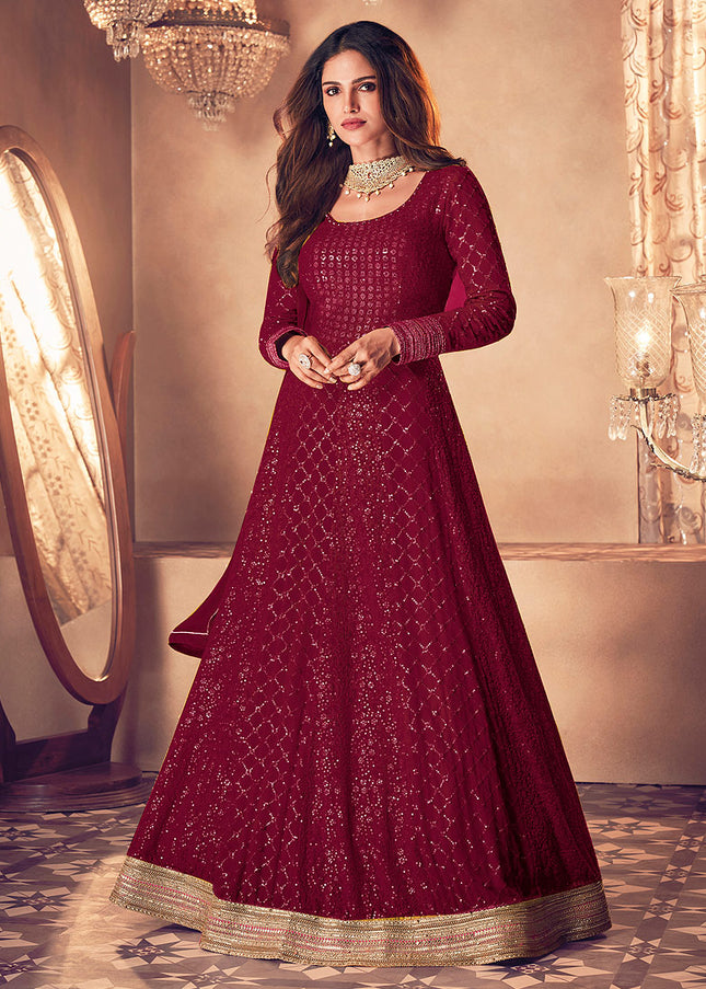 Maroon and Gold Embroidered Anarkali