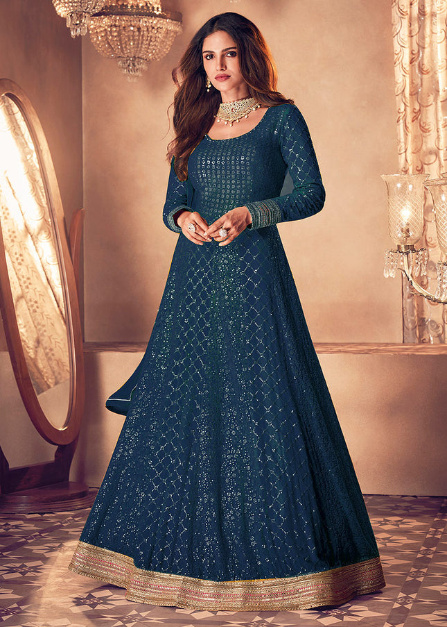 Teal and Gold Embroidered Anarkali