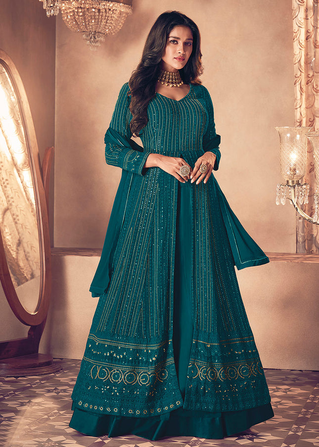 Teal and Gold Embroidered Lehenga Anarkali