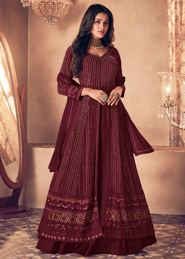 Maroon and Gold Embroidered Lehenga Anarkali