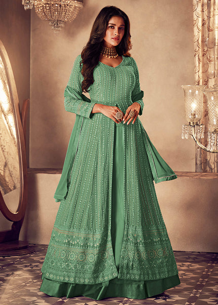 Light Green and Gold Embroidered Lehenga Anarkali