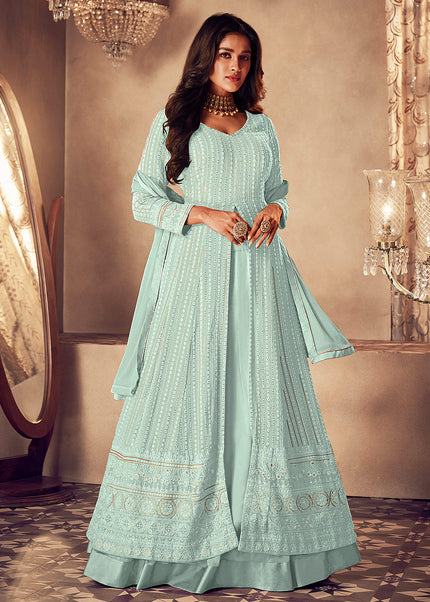 Light Blue and Gold Embroidered Lehenga Anarkali