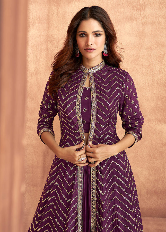 Purple and Gold Embroidered Jacket Style Lehenga