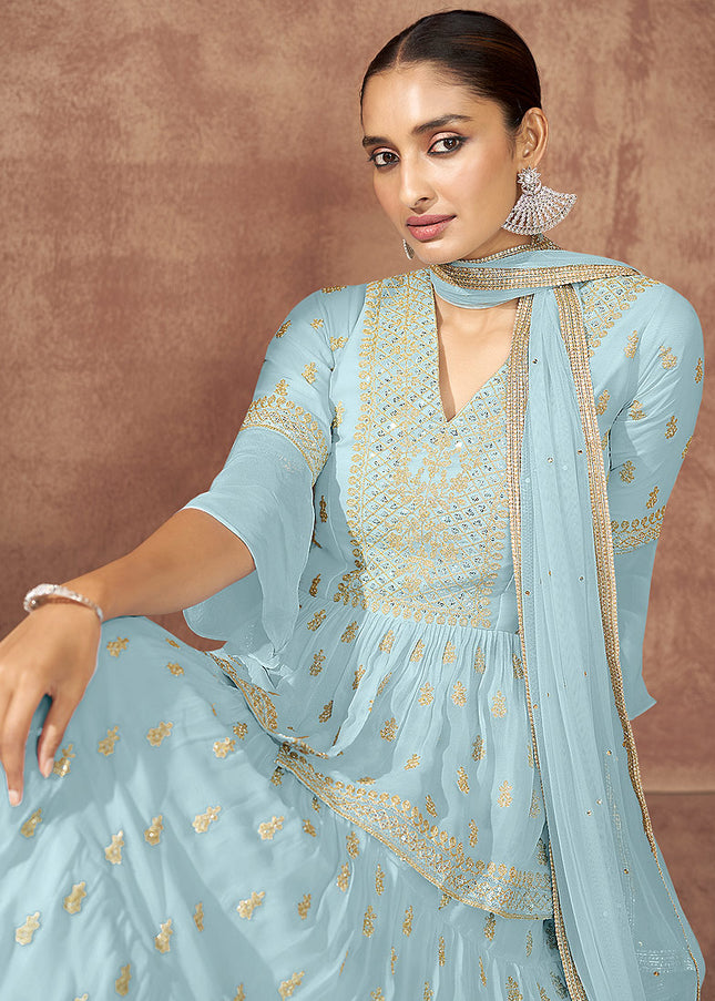 Sky Blue and Gold Embroidered Lehenga Anarkali