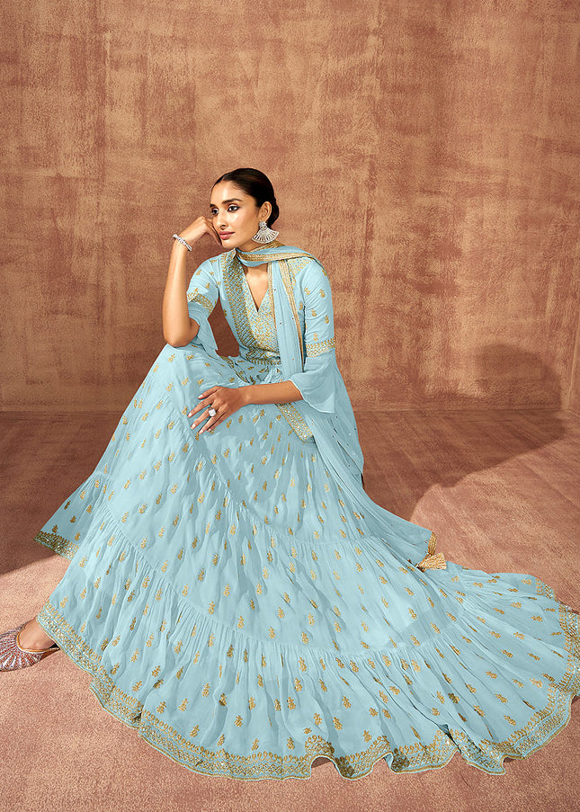 Sky Blue and Gold Embroidered Lehenga Anarkali