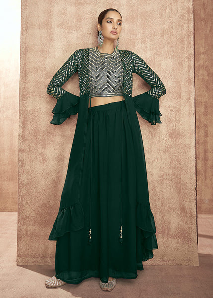Green and Gold Embroidered Jacket Style Lehenga