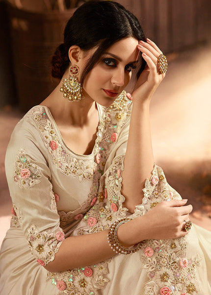 Beige Embroidered Wedding Saree