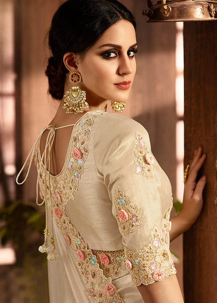 Beige Embroidered Wedding Saree