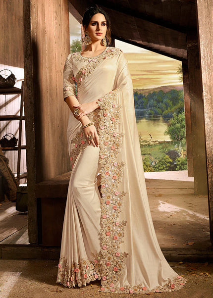 Beige Embroidered Wedding Saree