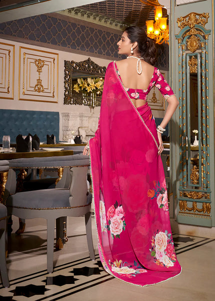 Pink Floral Printed Saree