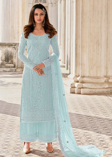 Light Blue Embroidered Pant Style Suit