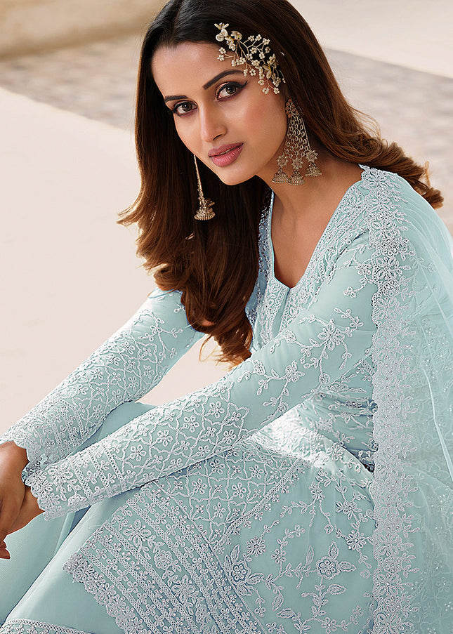 Light Blue Embroidered Pant Style Suit