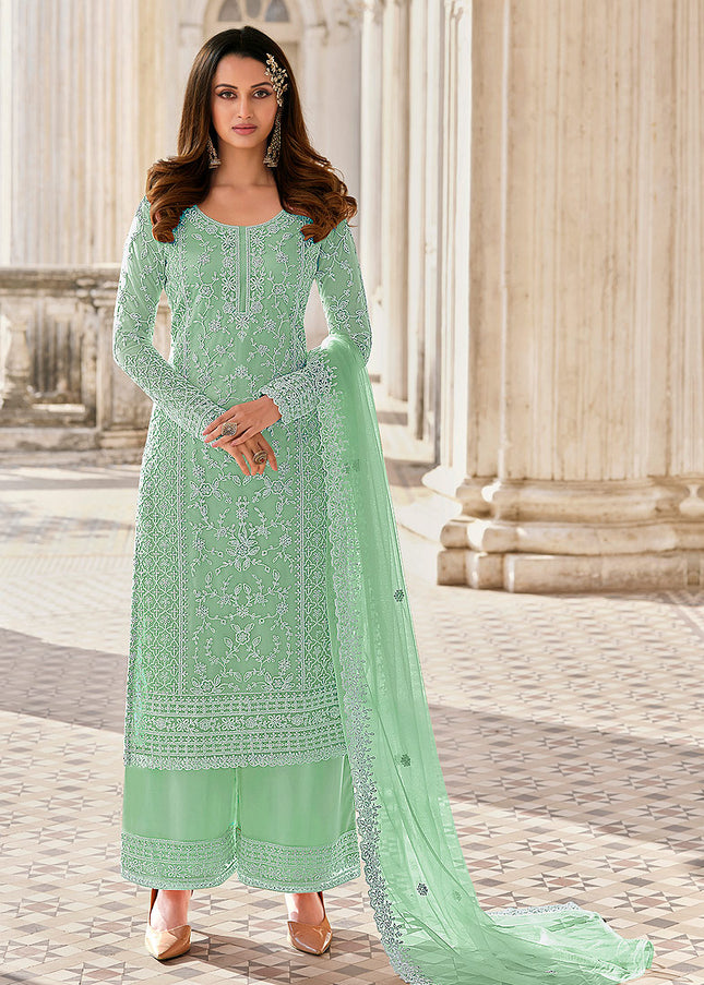 Light Green Embroidered Pant Style Suit