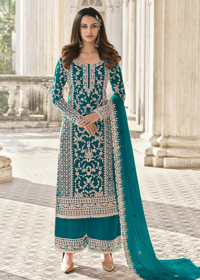 Sea Green Embroidered Pant Style Suit