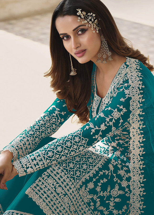 Sea Green Embroidered Pant Style Suit