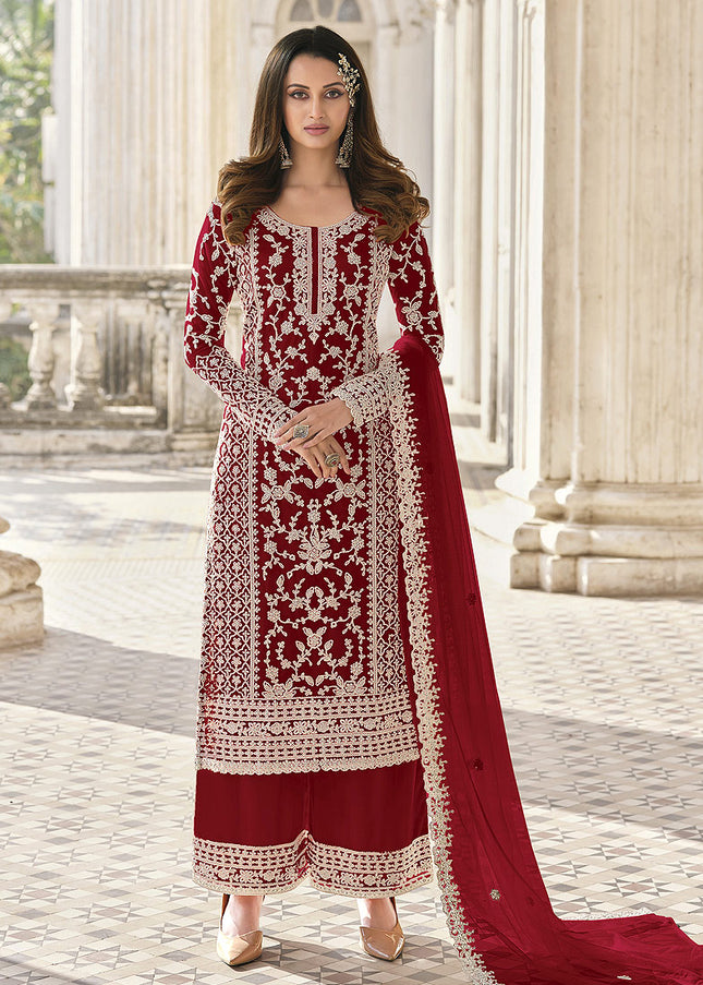 Red Embroidered Pant Style Suit