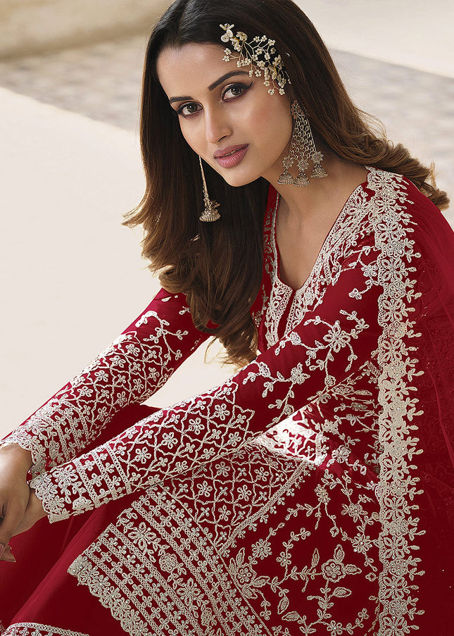 Red Embroidered Pant Style Suit